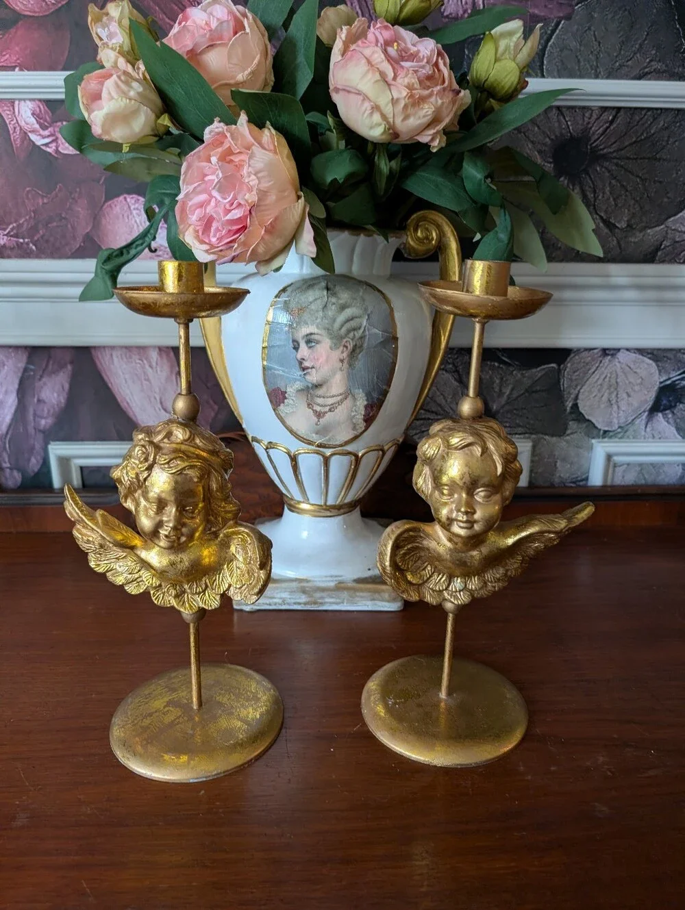 Vintage, set of 2,  Gold gilt metal chalkware cherubs angels candle holders 12